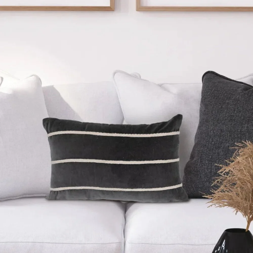 Creative Co-Op Grey/White Velvet Lumbar Pillow with Appliqué Stripes/NIP